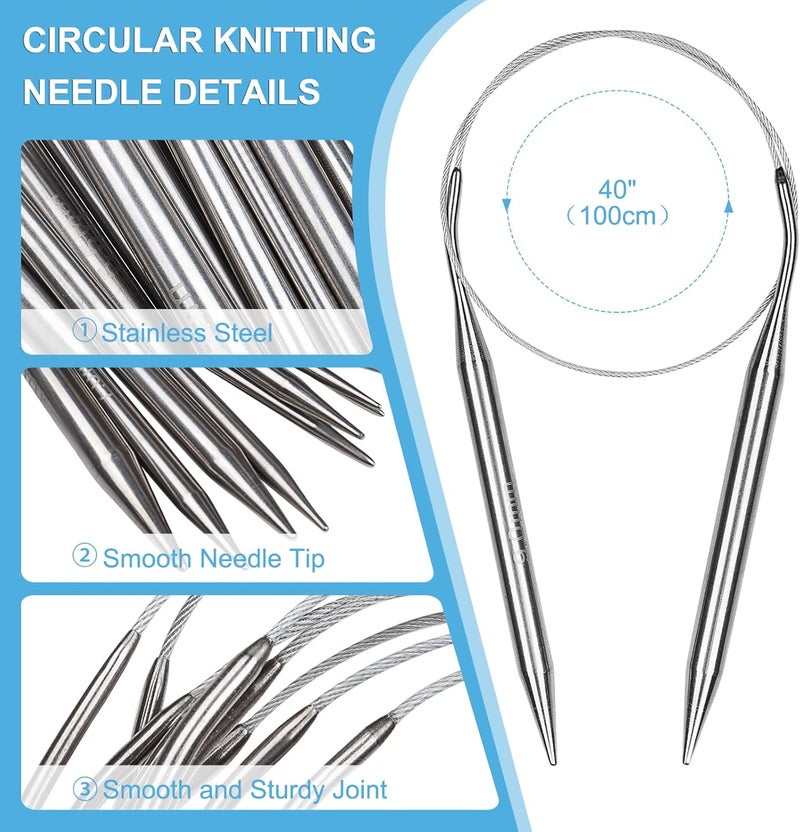 Aeelike Circular Knitting Needles Set, Stainless Steel Knitting Needles Round Knitting Needle Set (100 cm), 9 Pack Long Knitting Needles for Blankets Scarves Sweaters, Great for Beginners - Image 3
